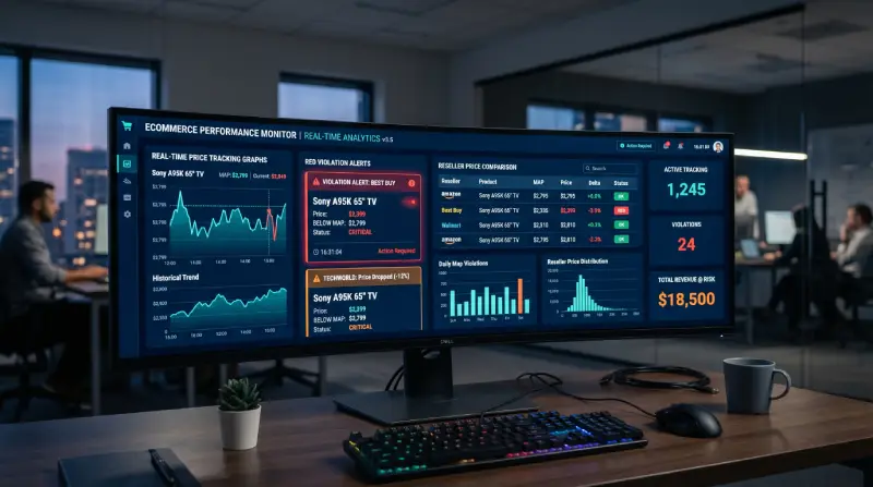 MAP monitoring software dashboard showing real-time reseller price violations and alerts — Monitivo